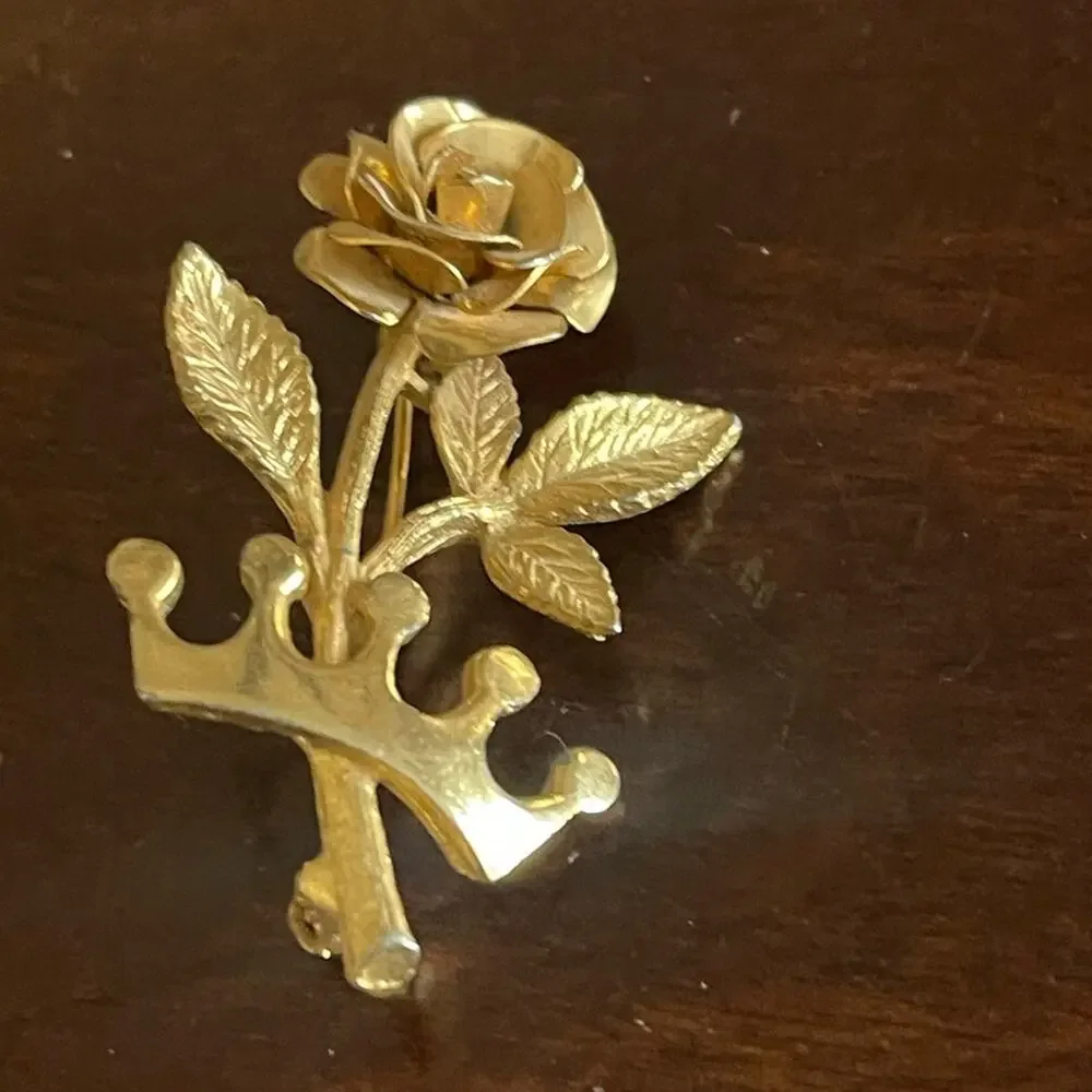 Gold Rose and Crown Brooch